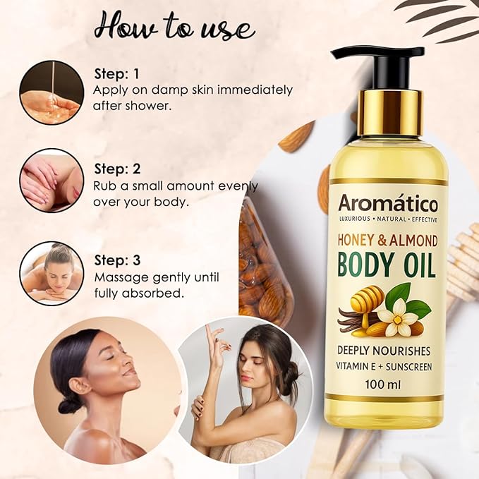 Aromatico Honey & Almond Mini Body Oil for Women. Dry Skin-Deep Hydration Formula for Glowing Skin in the Winters. Non-Sticky Texture, for Daily Use after Bath. Cozy & Creamy Fragrance - 4 fl Oz