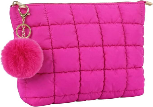 Hot Pink Puffer Quilted Makeup Bag for Women with Furry Keychains - 10" Roomy Puffy Cosmetic Pouch, Travel Toiletry Organizer Bag (HP-Fu-HP)