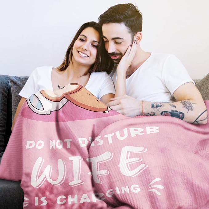 Leebbsin Funny Gifts for Wife, Anniversary Wedding Gifts for Wife | Wife is Charging Sloth Blanket 60" x 50", Pink, Christmas Mothers Day Birthday Gift for Wifey from Husband