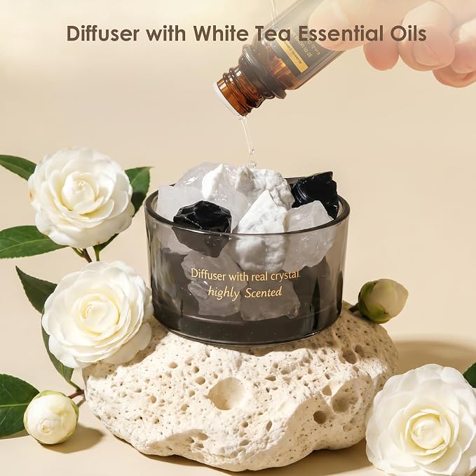 Crystal Stone Aroma Diffuser with Essential Oils for Home, Bathroom, Office, Home Decor & Fragrance 2 in 1, Chic Aromatherapy Gift Set (White Tea Scent)