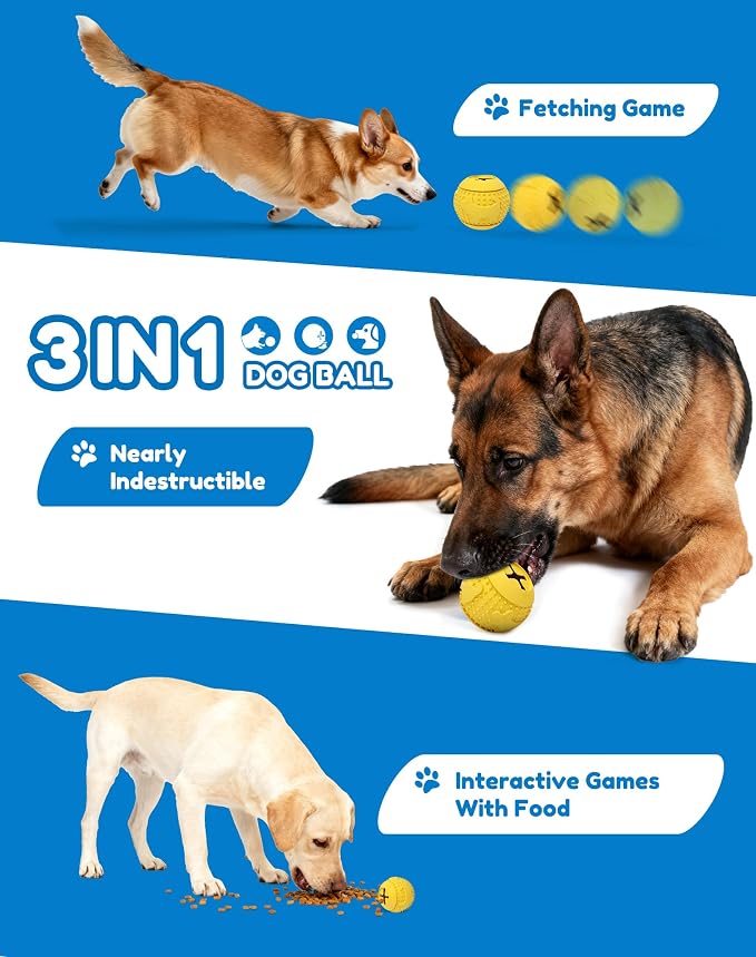 Deeow Rubber Dog Chew Toy Ball, Puzzle Feeder Pet Toy -3'' Yellow | Teething Puzzle Feeder Ball, Treat Dispenser Chew Toy, Rolling Rubber Dog Fetch Toy, Interactive Dental Care & Enrichment