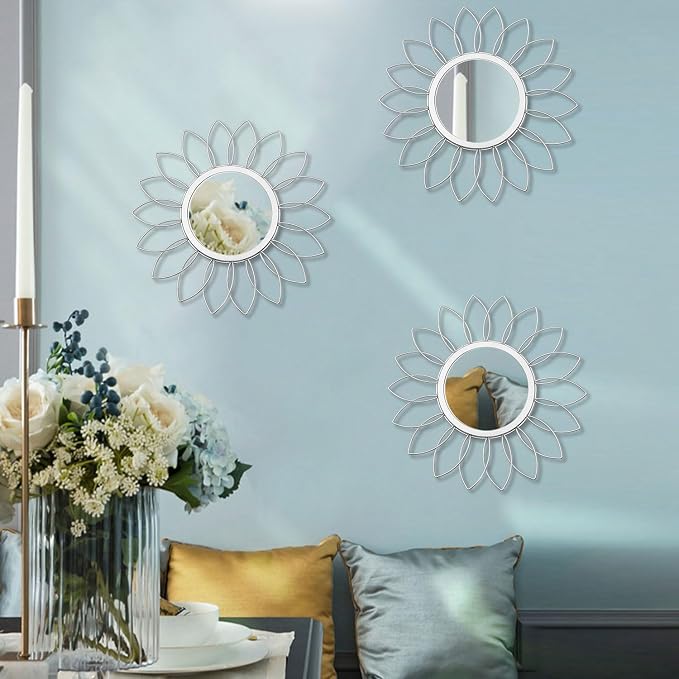3 Pack Metal Mirrors for Wall Sunburst Wall Mirrors Home Décor Decorative Hanging Wall Art for Living Room Bedroom Entryway (Silver, Flowers)