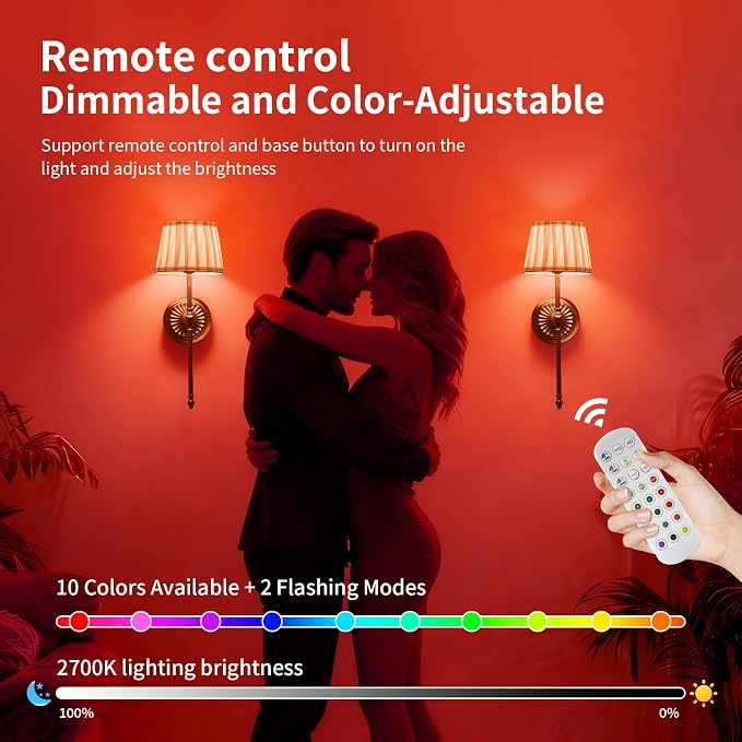 Cordless Wall Sconces Set of 2,10000mAh Small Wireless Battery Operated Wall Sconces Set of Two with RGB LED, Remote, Timer & Dimmable Fabric Gold Wall Lamps for Bedroom, Living Room, Hallway (Gold)