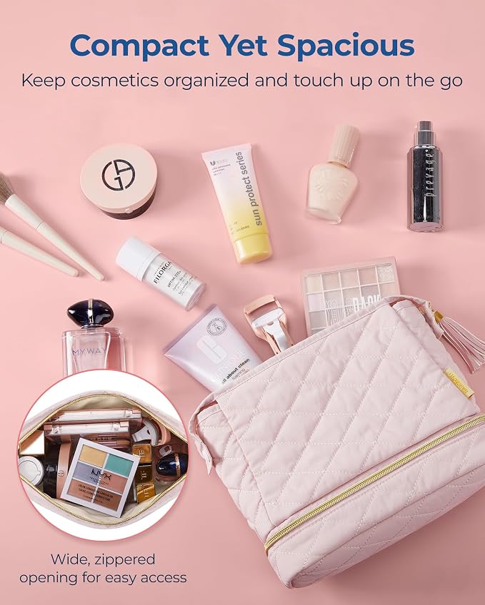 BAGSMART Makeup Bag Travel Cosmetic Bag,Puffy Make Up Bags for Women Double Layer Makeup Organizer Case,Wide-open Pouch Purse Storage Travel Essentials Toiletries Accessories Brushes,Pink