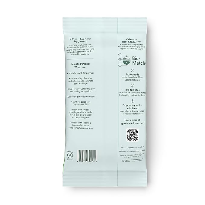 Good Clean Love Balance pH-Balanced Feminine Wipes, Supports Vaginal Health Naturally & Reduces Odor, Non-Irritating Moisturizing & Cleansing Hygiene Product Made with Organic Aloe, (30 Count)