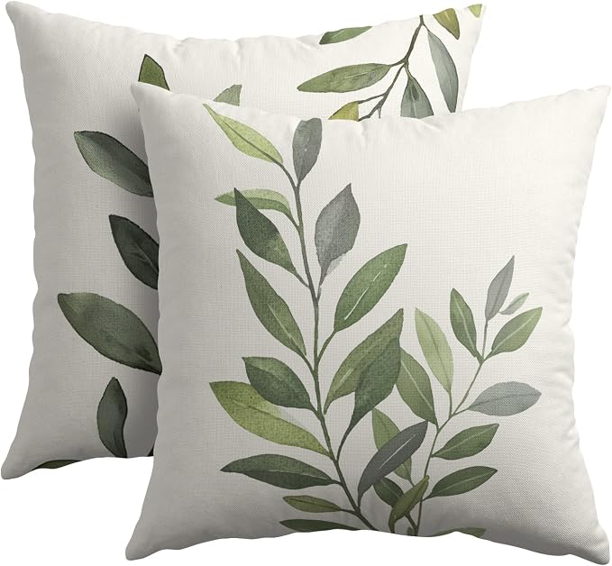 Kawani Green Leaf Throw Pillow Covers 20x20 in, Set of 2 Summer Spring Olive Leaves Outdoor Decorative Pillow Cases Cotton Linen Cushion Cover for Couch Bed Sofa Chair Car Seat Home Decor