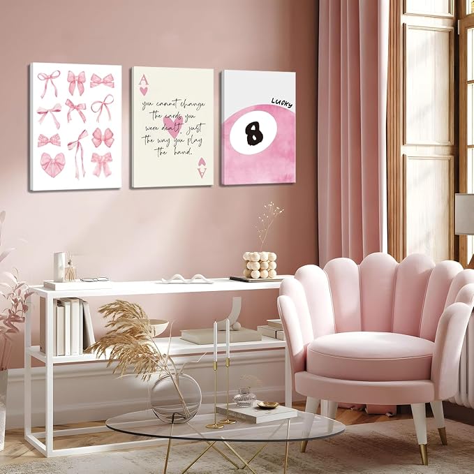 Trendy Pink Bows Canvas Wall Art Set of 3, Vintage Preppy Lucky 8 Ball Wall Decor, Pink Girly Room Aesthetic Posters Prints Painting for College Apartment Living Room Bedroom Framed 16x24 In