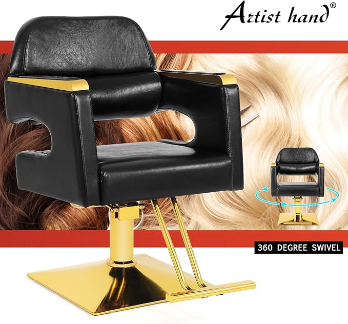 Artist hand Barber Salon Chair, Hair Stylist Chair with Heavy Duty Hydraulic Pump, 360 Degree Swivel, Spa Beauty Equipment Max Load Weight 330 Lbs, Black and Gold