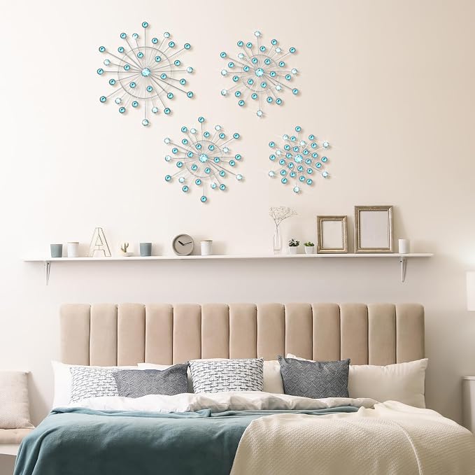 Blulu 4 Pcs Metal Wall Decor Bling Crystal Wall Art Cast Iron Rhinestones Sunburst Decor Starburst Art Hanging Diamond Accents Home Decorative for Living Room Bedroom Entryway (Blue)