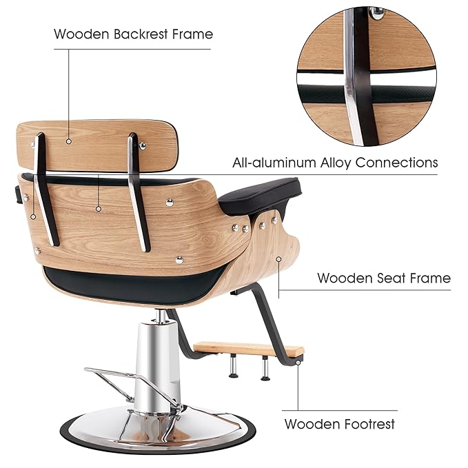BarberPub Bend Wooden Salon Chair Hydraulic Chair Hair Cutting Beauty Spa Styling Equipment 8261 (Black)