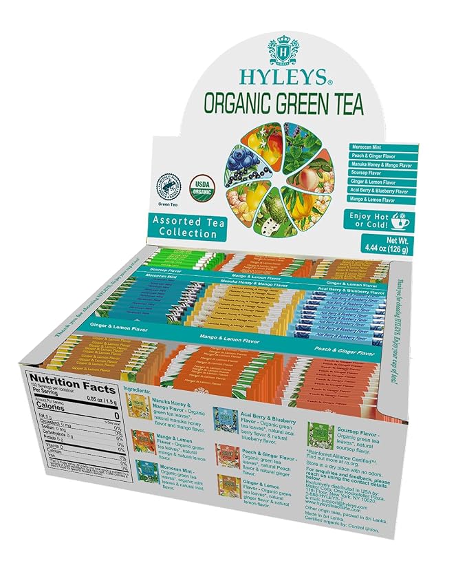 HYLEYS Organic Green Tea, With 7 Assorted Flavors 84 Individually Wrapped Tea Bags - Includes Soursop, Blueberry, Moroccan Mint and More - USDA Organic - Kosher & Vegan