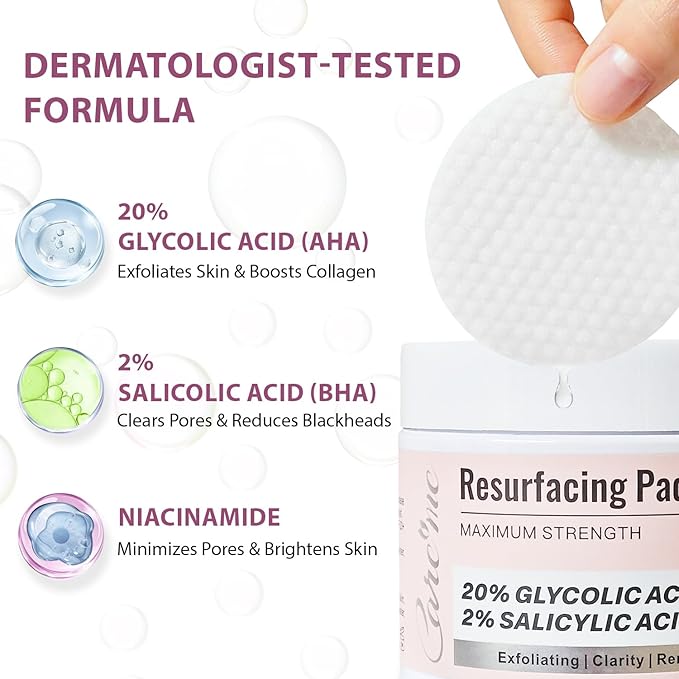 Glycolic Acid 20% & Salicylic Acid 2% Face Exfoliating Pads (50 Count)- Facial Peel Pads for Anti-Aging, Cleansing, Resurfacing, Brightening, Blemish Control, Revealing Clear, Glowing, Youthful Skin