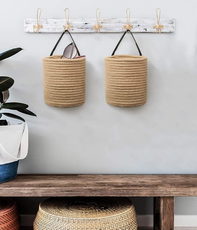 Goodpick 2 Pack Jute Wall Hanging Storage Baskets, Over Door Organizer | Boho Woven Hanging Plant Basket Decor, Decorative Basket for Home, Size 7.87×7×11.7 Inches for Wall Flower & Home Storage