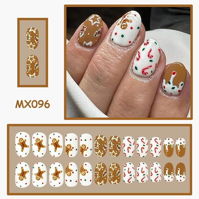 Christmas Press on Nails Gingerbread Man Glue on Nail Press ons with Candy Cane Design White Fake Nails Glossy Full Cover Artificial Acrylic Short Almond Stick on Nail for Women Xmas Manicure 24Pcs