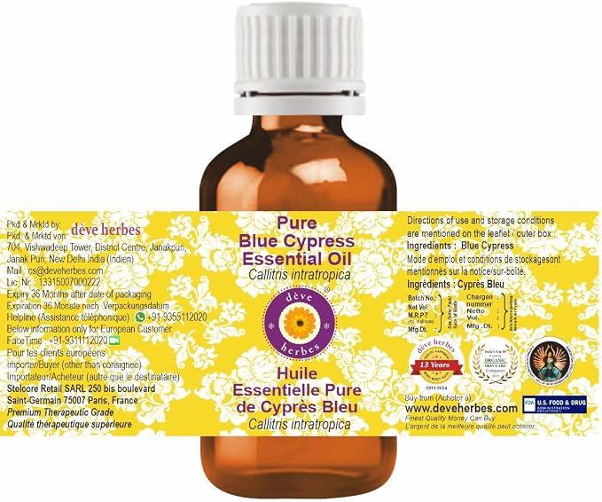 dève herbes Blue Cypress Essential Oil (Callitris intratropica) Pure | Non-Sticky | Non-Greasy | Lightweight | Men & Women | All Skin Types | Steam Distilled 50ml (1.69 oz)