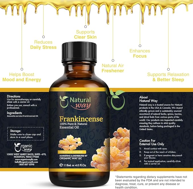 Frankincense Essential Oil | Pure Aromatherapy Oil for Diffusers, Hair Growth, Skin, Scalp Care, Massage | Refreshing Hair Oil for Women & Men | Natural Essential Oil for Diffuser | 4 Fl Oz (120 mL)