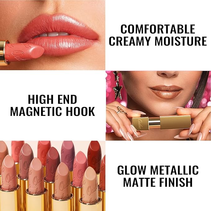 Oulac Matte Nude Lipstick with Glow Metallic Finish - Vegan Lipstick for Women, Creamy Texture, Hydrating Clean Beauty Formula, High-End Magnetic Hook Design, GM01 Serene
