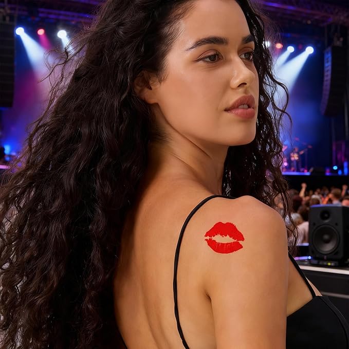 YGDZ Kiss Tattoos Temporary Set, Red Lip Tattoo Stickers & Face Gems for Valentines Makeup, 10 Sheets Lipstick Kiss Temporary Tattoo, Heart Fake Tattoos, Hair Gems, Body, Face Rhinestones for Women