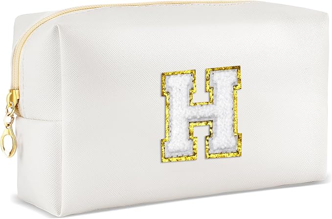 URSKYTOUS Gifts for Girls Initial Makeup Bag Personalized Cosmetic Bag with Zipper Cute Travel Toiletry Bags Waterproof PU Preppy Makeup Pouch Birthday Gift for Teen Girls Women(White H)