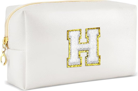 URSKYTOUS Gifts for Girls Initial Makeup Bag Personalized Cosmetic Bag with Zipper Cute Travel Toiletry Bags Waterproof PU Preppy Makeup Pouch Birthday Gift for Teen Girls Women(White H)
