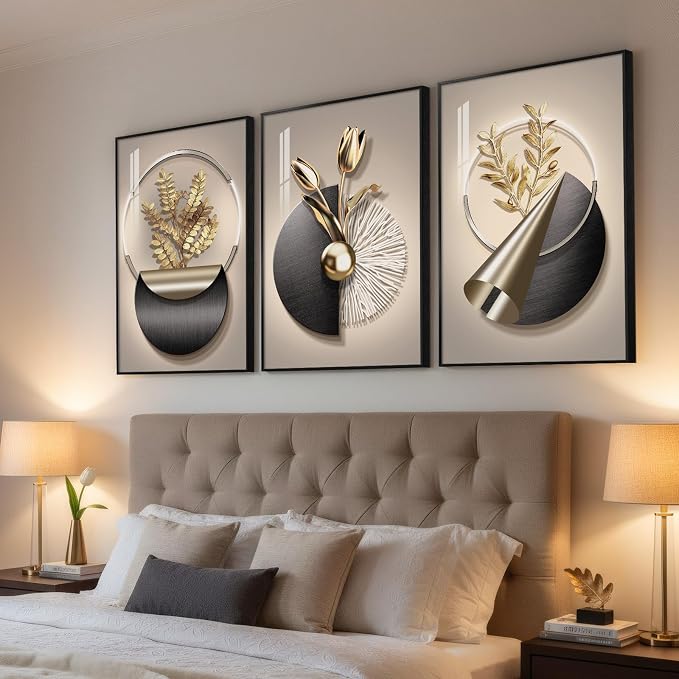 Large Framed Modern Elegant Wall Art for Living Room, 3 Piece 24x36 In | Black gold flower pictures, Crystal coating wall art set, Luxury prints paintings for bedroom dining room hallway office