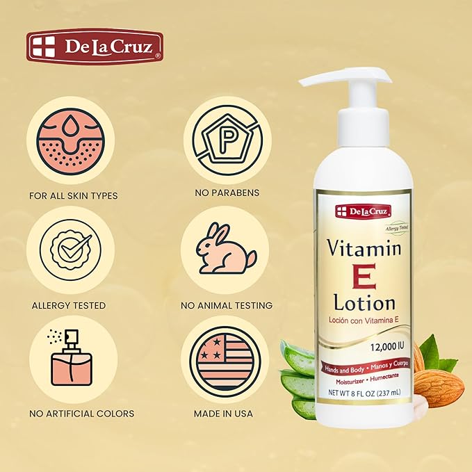 De La Cruz Vitamin E Lotion for Dry Skin 12,000 IU with Avocado Oil, Almond Oil & Aloe Vera.vitamin e moisturizer, Moisturizing body lotion and face lotion for All Skin Types 8 FL OZ Made in USA
