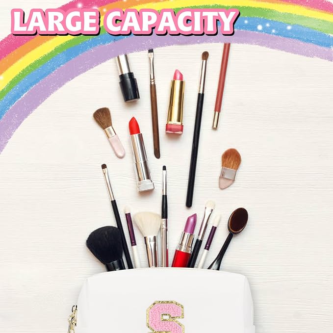 Initial Makeup Bag, Personalized Preppy Letter Monogram Cosmetic Bag | Waterproof PU Material, Compact Size, Large Capacity 7.09 x 2.95 x 3.94 in, Surprise Gift for Daughters and Teens