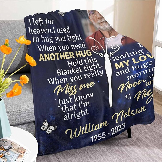 Custom Memorial Blanket with Photos for Loss of Loved One, in Loving Memory Personalized Sympathy Blanket for Loss of Dad Mom Husband Wife Friend Memory of Loved One Gifts, Made in USA