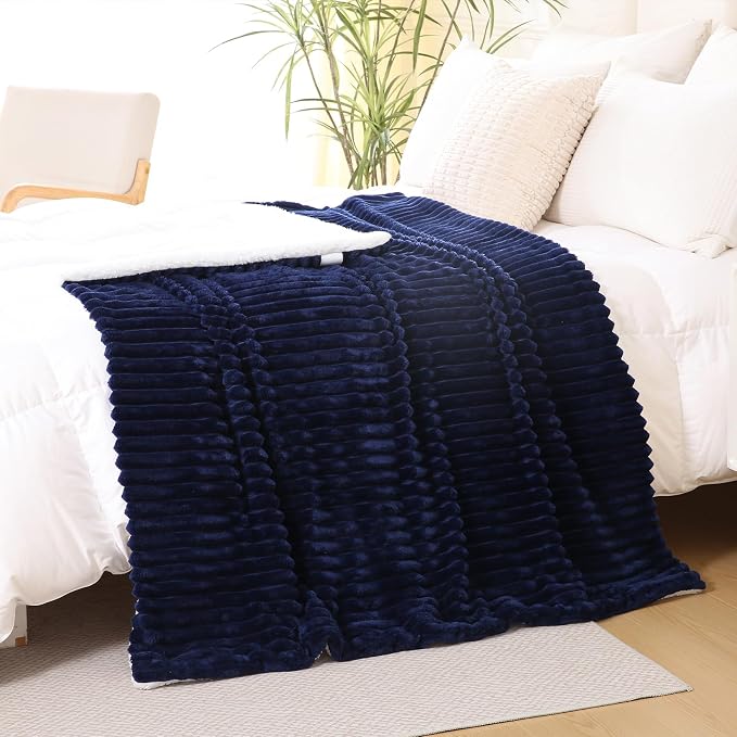 Navy Blue Sherpa Fleece Throw Blanket 50”×60” for Couch Sofa Bed | Double Side Soft Fuzzy Cozy Plush Thick Flannel Blanket with Striped Design Gift for Adults,Woman