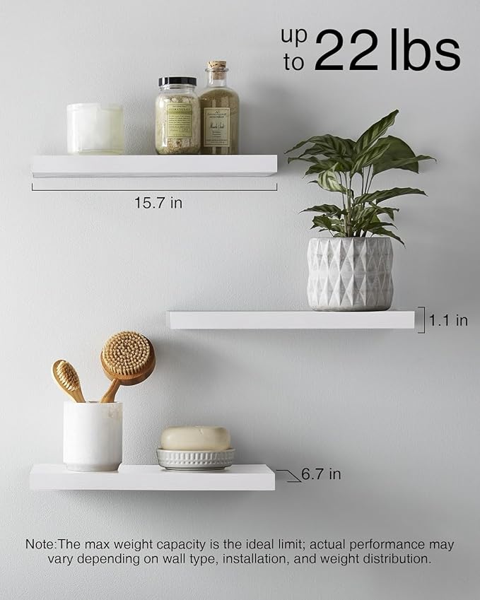 BAYKA White Floating Shelves 15.7in, Set of 3, Wall Mount Rustic Wood Shelf | 22lbs Max Load, Hidden Bracket, for Bathroom Bedroom Kitchen Display Storage Decor, Easy Install, Multi-Wall Compatible
