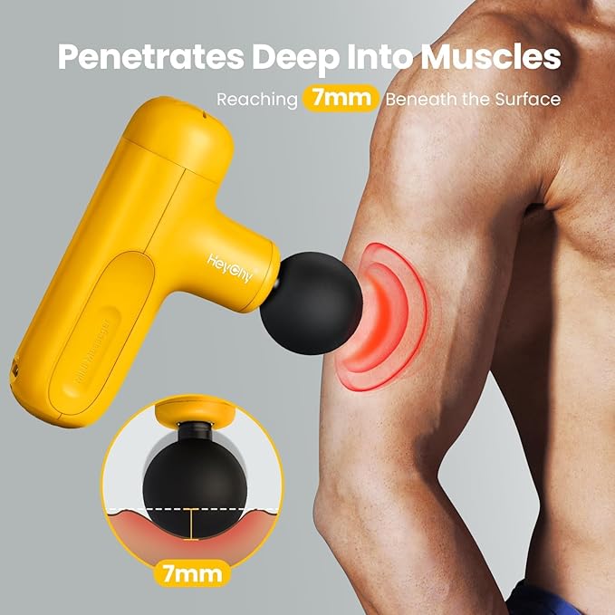 Super Mini Massage Gun Deep Tissue, Handheld Muscle Massager with 4 Heads, Percussion Travel Size Massager Gun for Back Pain Relief, Quiet for Home, Gym, Office, Gift for Men & Women, Yellow