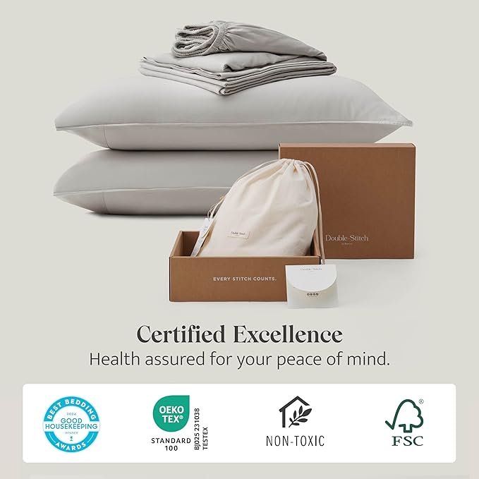 Double Stitch Cotton Tencel Sheet - Bed Sheets Set King Size, 4Pc Luxury Hotel Bedding Set, Soft, Cooling & Breathable for Hot Sleepers, Deep Pocket Up to 16 Inches, Winter Sky