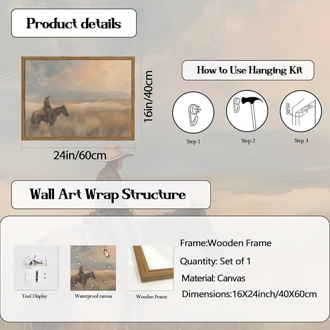 Vintage Western Cowboy Wall Art Cowboy on Horse Wall Decor Paintings, Southwestern Landscape Poster Canvas Prints for Bedroom Farmhouse Living Room 16x24 inch Wood Framed