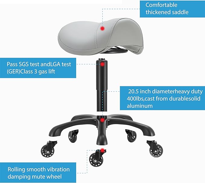 Saddle Salon Stool with Wheels,Heavy Duty Adjustable Rolling Stool for Barber, Tattoo, Nail,Spa,Dentist(Gray)
