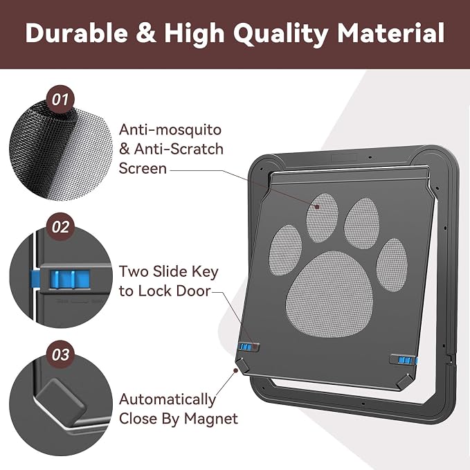 Large Dog Door for Screen Door, Easy Install Lockable Pet Screen Door for Sliding Door, Doggy Screen Door, Gray, Inside size: 14''x12''