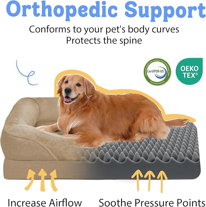 Orthopedic Waterproof Dog Bed for Medium and Large Dogs | Egg Crate Foam, 4-Sided Bolster Support, Waterproof Liner, Non-Slip Bottom, Removable Bolster Cover, 36 x 27 Inch