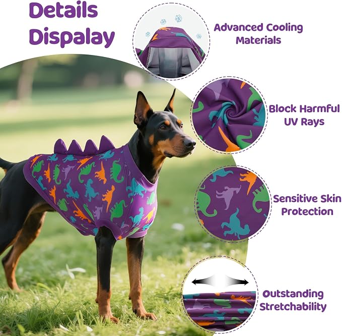 UPF 50+ Sun Protection Dog Shirt - Sleeveless Cooling Vest for Large Dogs Boy, Quick-Dry Pet T-Shirt with Funny Dinosaur Horns, UV Protective Breathable Dog Clothes U-COSBX01L