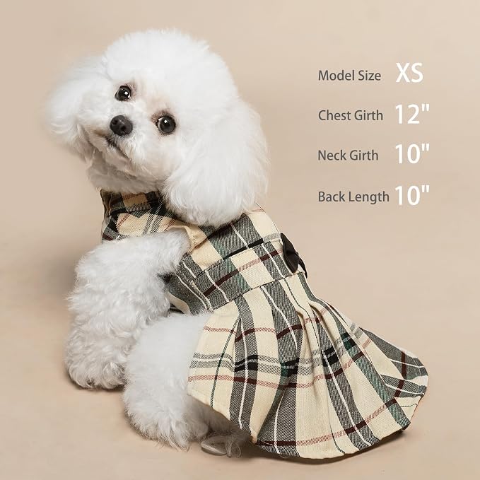 PUPTECK Classic Beige Plaid Dog Dress with Bow Puppy Skirt Clothes S | Cute Chic Cat Puppy Clothes for Small Medium Large Dogs Girl Pet Apparel Outfits Costume for Birthday Wedding Party Holiday