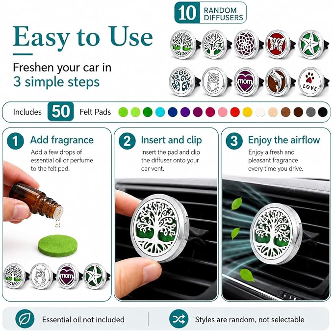10 Pack Car Vent Essential Oil Diffuser Clips, Silver Metal Car Air Freshener Vent Clips with 50 Colorful Felt Pads Reusable Car Aroma Diffuser for Essential Oils (D)
