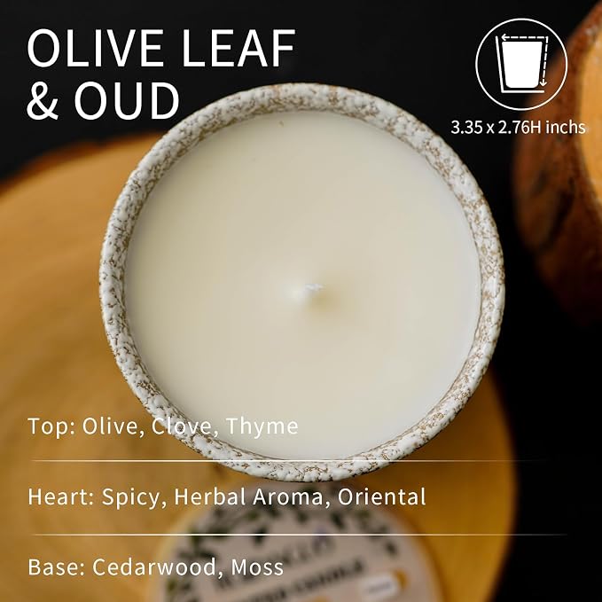 Luxury Textured Ceramic Jar Scented Candle | Non Toxic 100% Natural Coconut & Soy Wax Blend Cotton Wick | 5.2oz | Hand Poured Highly Scented Long - Lasting | Women & Men | (Olive Leaf & Oud)
