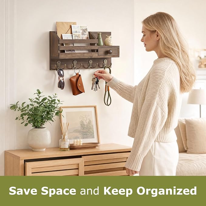 Key Holder Wall Mount, Wooden Key and Mail Organizer, Brown | 2 Mount Options, Includes 8 Hooks, Fence Mail Slot, Small Drawer and Shelf, for Entryway, Hallway, Doorway, Living Room, RV