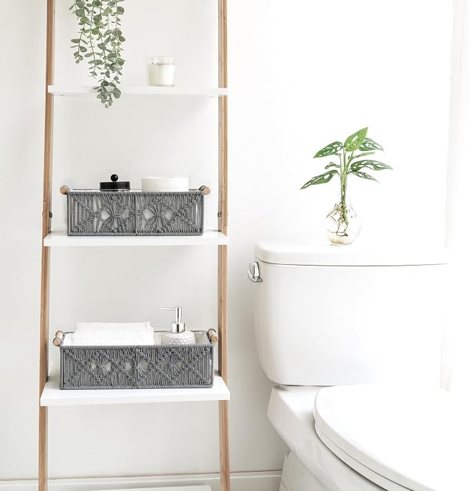 Mkono 2Pc Macrame Storage Basket, Boho Decor Toilet Paper Holder, Grey | Small Baskets for Organizing, Hand-Woven, Bohemian Beach Coastal Decor, Shelf Vanity Cabinet Bedroom Living Room Office Dorm