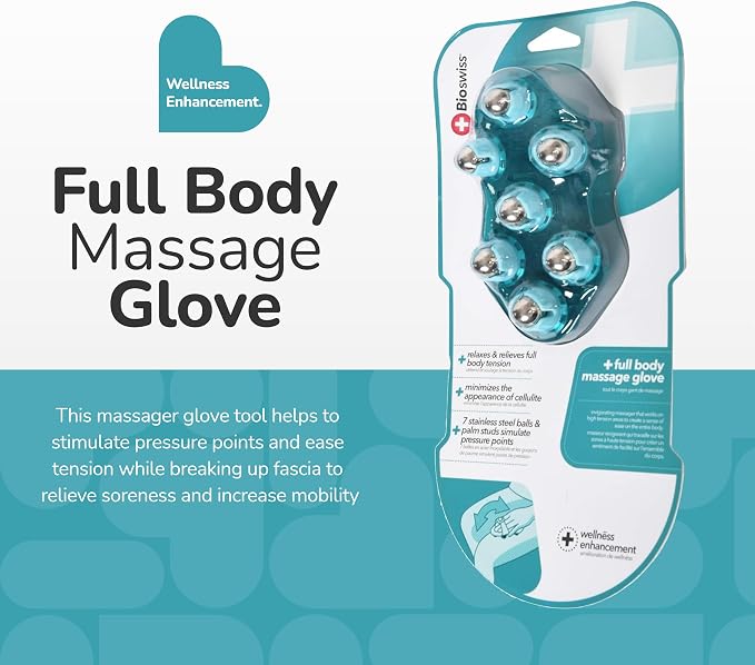 BioSwiss Massage Glove with Steel Roller Balls, Handheld Full Body Massager for Back, Neck, Shoulders, and Legs