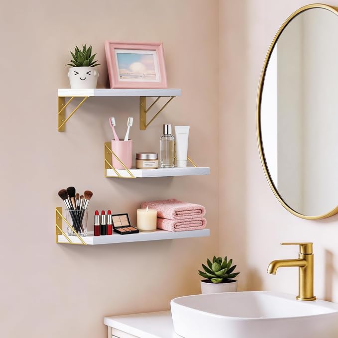 BAYKA Wall Shelves for Bedroom Decor, Floating Wall Shelves for Living Room Kitchen Storage, Wall Mounted Rustic Wood Shelves for Kids Books,Corner Shelves for Bathroom(White and Gold，Set of 3)