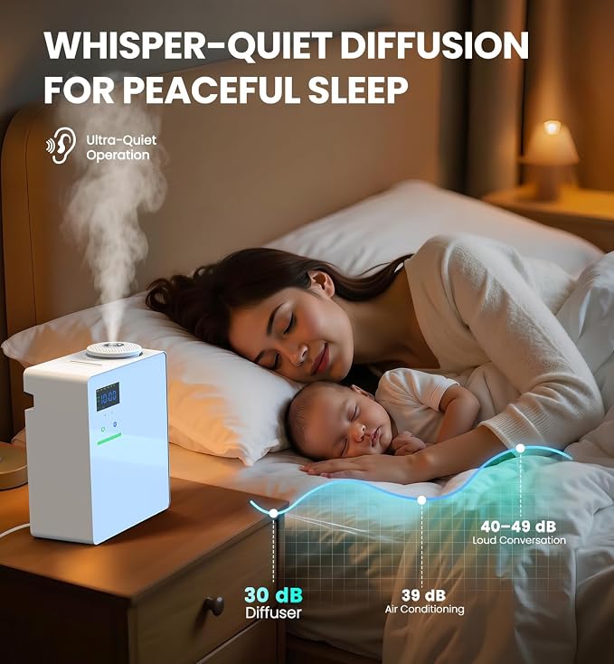 Waterless Essential Oil Diffuser with 2 x 100ML Oils, 5000 Sq.Ft Whole House Scent Machine, 200ml Cold Air Fragrance Diffuser with Bluetooth App Control for Home Hotel Office, White