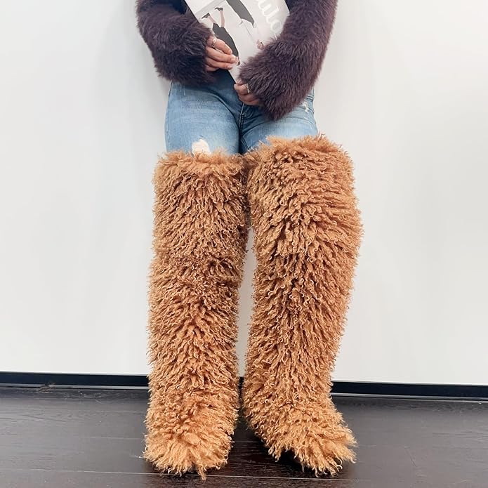 SWEETHEART BEAUTY Thigh High Shagy Teddy Fur Boots, 29 Inch Over the Knee Length Fluffy High Boots, Tall Furry Shoes For Women