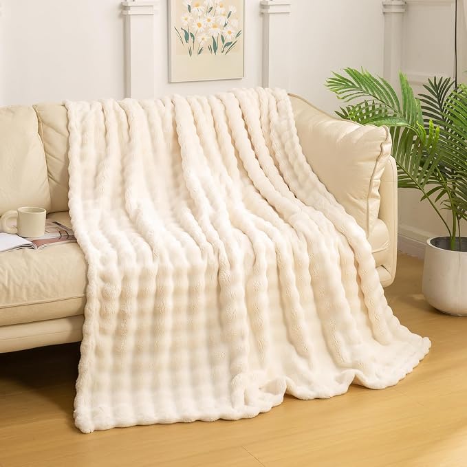 YUSOKI 3D Fleece Bubble Throw Blanket,Ivory, 50"x60" | Ultra Soft, Non-Shedding, Lightweight for All Season Use, stays fluffy after repeated washes, Perfect Gifts, Machine Washable