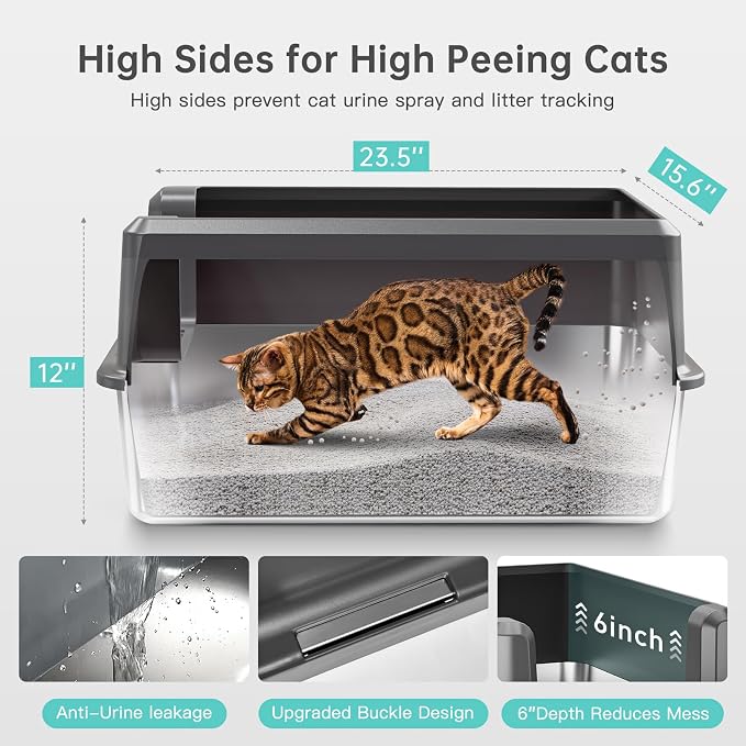 Stainless Steel Cat Litter Box, XL High Sided Open Top Litter Pan, 1 Scoop | Extra Large Litter Box for Big Cats, High Sides, Anti-Urine Leakage, Non-Stick, Odor-Free, Easy Clean, Reduce Litter Tracking
