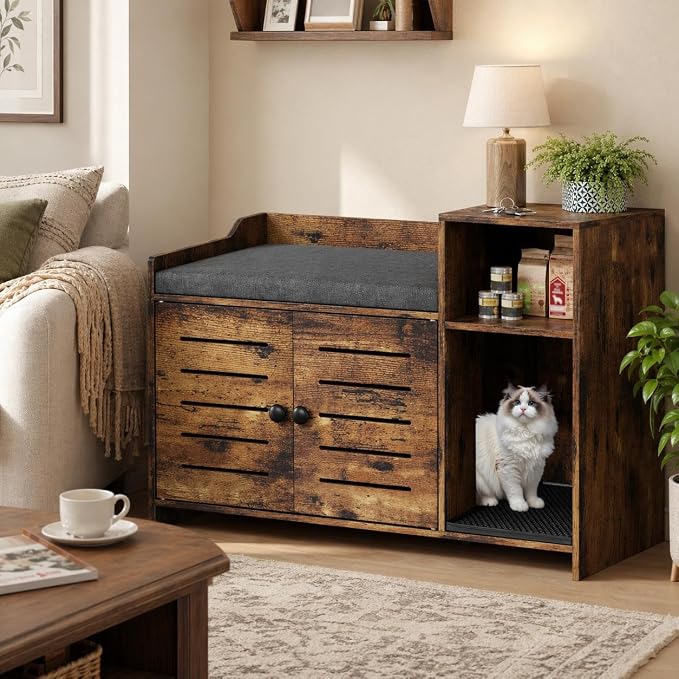 Cat Litter Box Enclosure Furniture, Large Hidden Litter Box Cabinet with Double Door, End Table Cat House with Storage Shelf, Modern Pet Furniture for Living Room, Brown