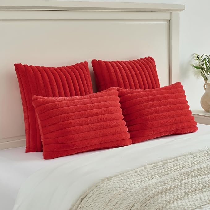 FUTEI Pack of 2 Faux Fur Throw Pillow Covers 28x28 Inch, Red | Fluffy Faux Rabbit Fur Front/Premium Velvet Back,Hidden Zipper,Machine Washable,Non-Shedding,Colorfast,Insert Not Included.